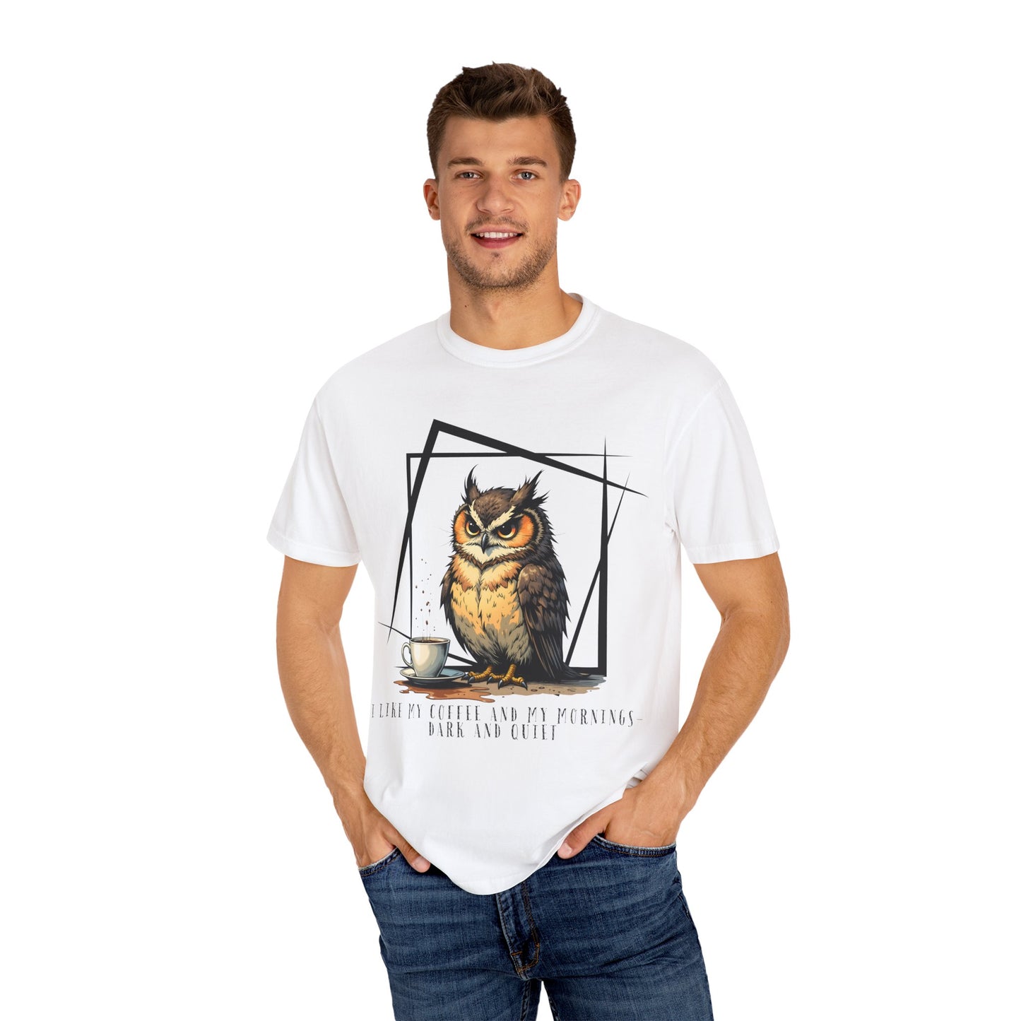 Owl & Coffee Graphic T-Shirt — 'A Day to Coffee and Contemplate'