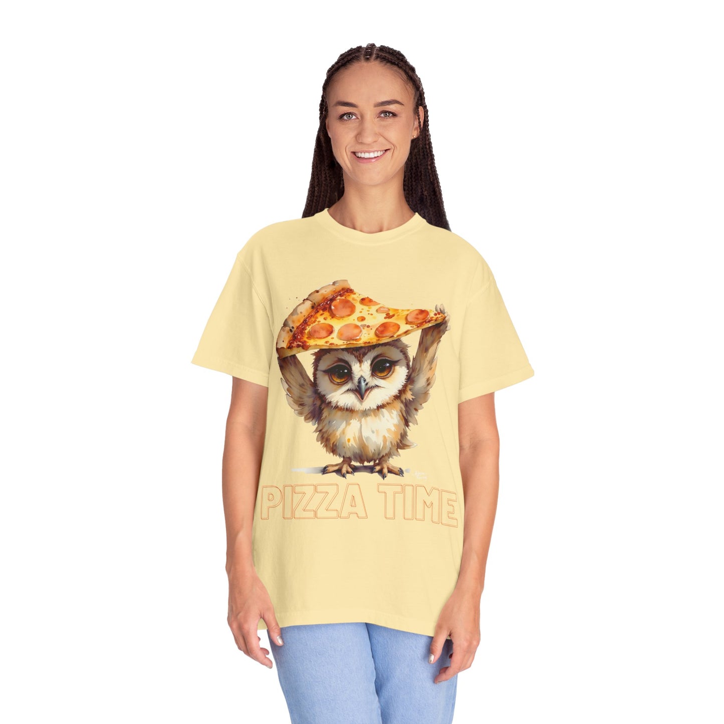 Pizza Time Owl T-Shirt — Cute Owl Holding Pizza Slice Graphic Tee