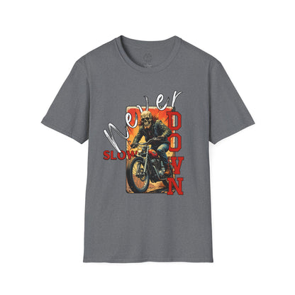 Never Slow Down Motorcycle T-Shirt - Unisex Softstyle Graphic Tee,biker, scull ,twisted