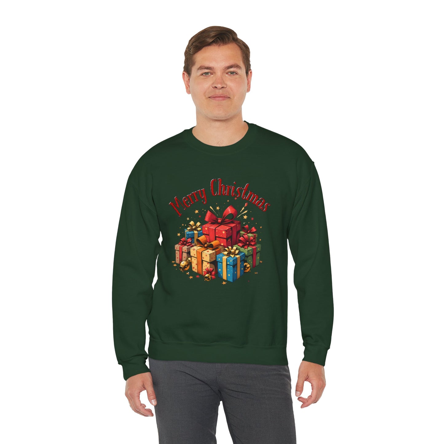 Christmas Crewneck Sweatshirt — "Merry Christmas" with Festive Gift Pile