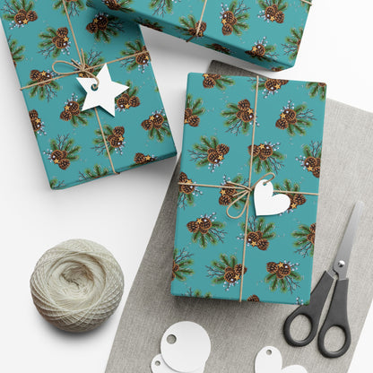 Pinecone Bouquet Gift Wrap - Rustic Teal Holiday Wrapping Paper