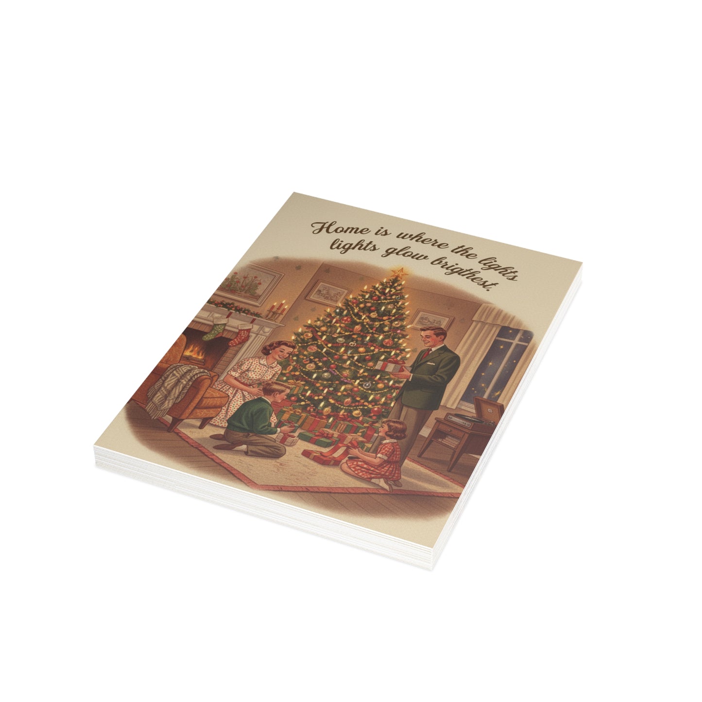 Vintage Christmas Greeting Cards – 'Home is Where the Lights Glow Brighter' Holiday Card Pack (1/10/30/50)