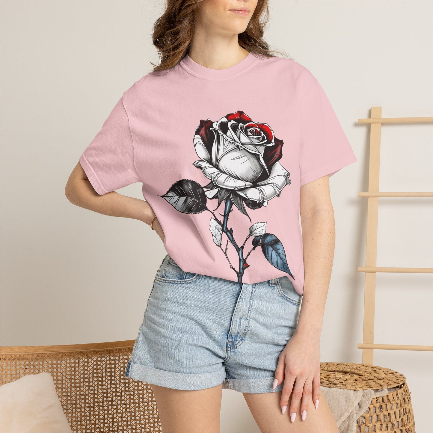 Rose Sketch T-Shirt — Black & Red Botanical Graphic Tee