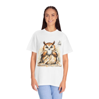Cozy Owl Drinking Coffee T-Shirt – 'Zzz... Gulp!' Cute Morning Graphic Tee