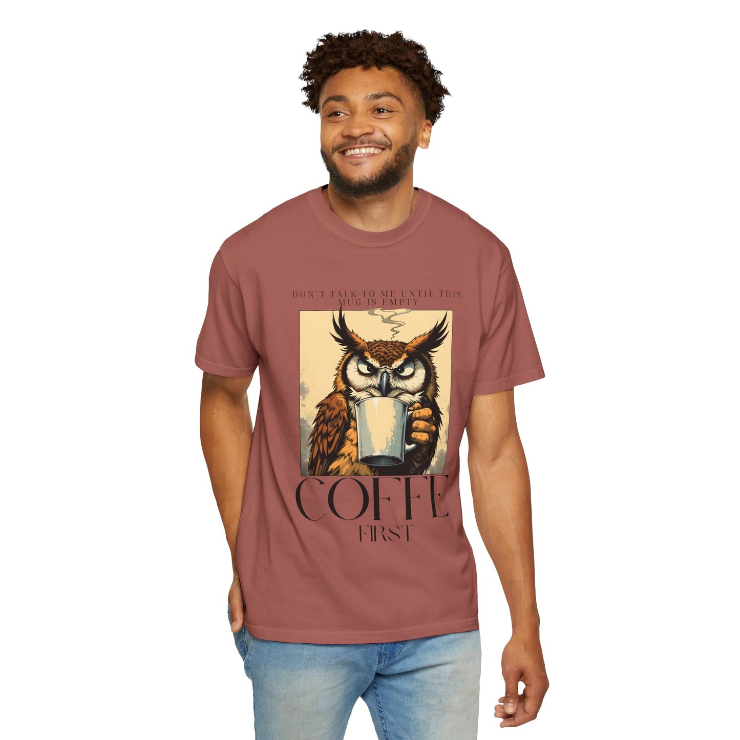 Coffee First Owl T-Shirt — Vintage Coffee Lover Graphic Tee