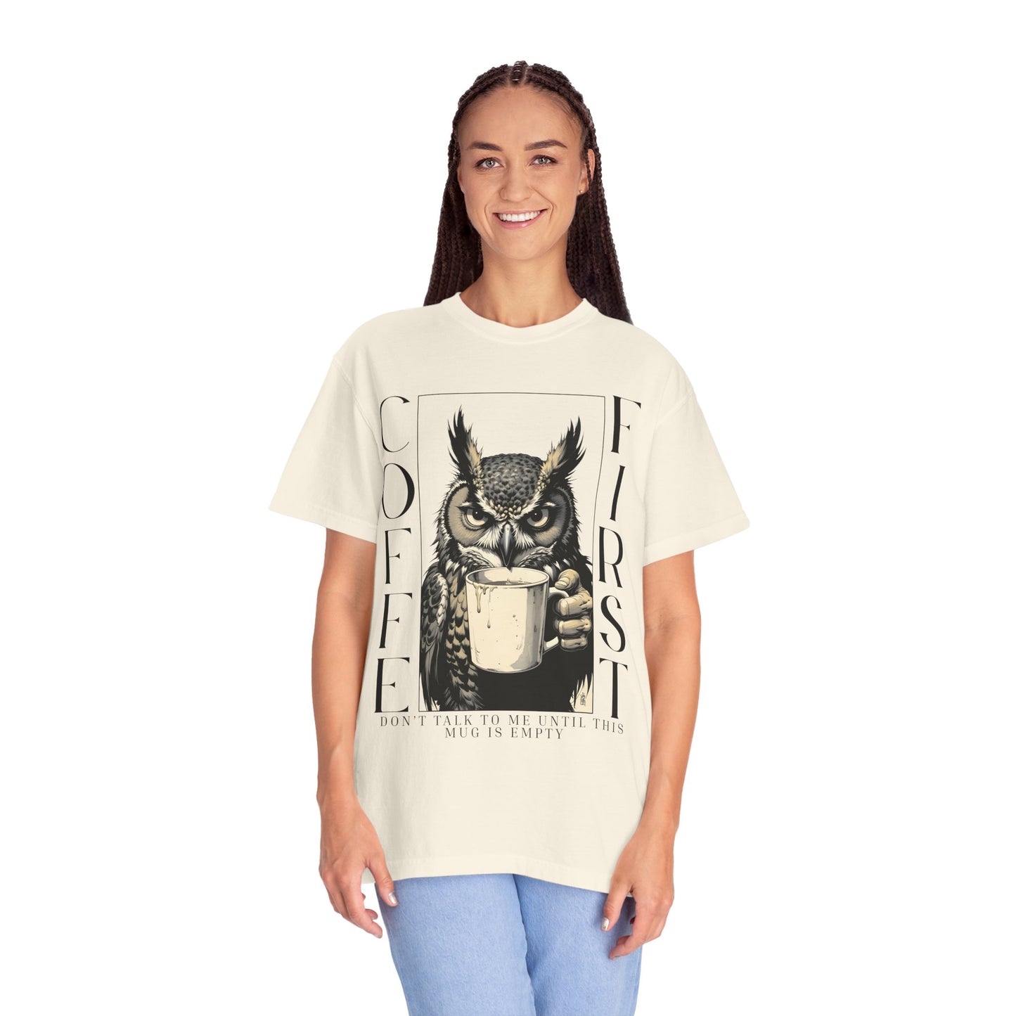 Coffee First Owl T-Shirt — Funny Morning Coffee Tee