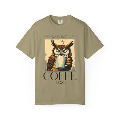 Coffee First Owl T-Shirt — Vintage Coffee Lover Graphic Tee