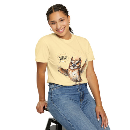 Owl Watercolor T-Shirt — Cute 'Wow!' Cartoon Owl Graphic Tee