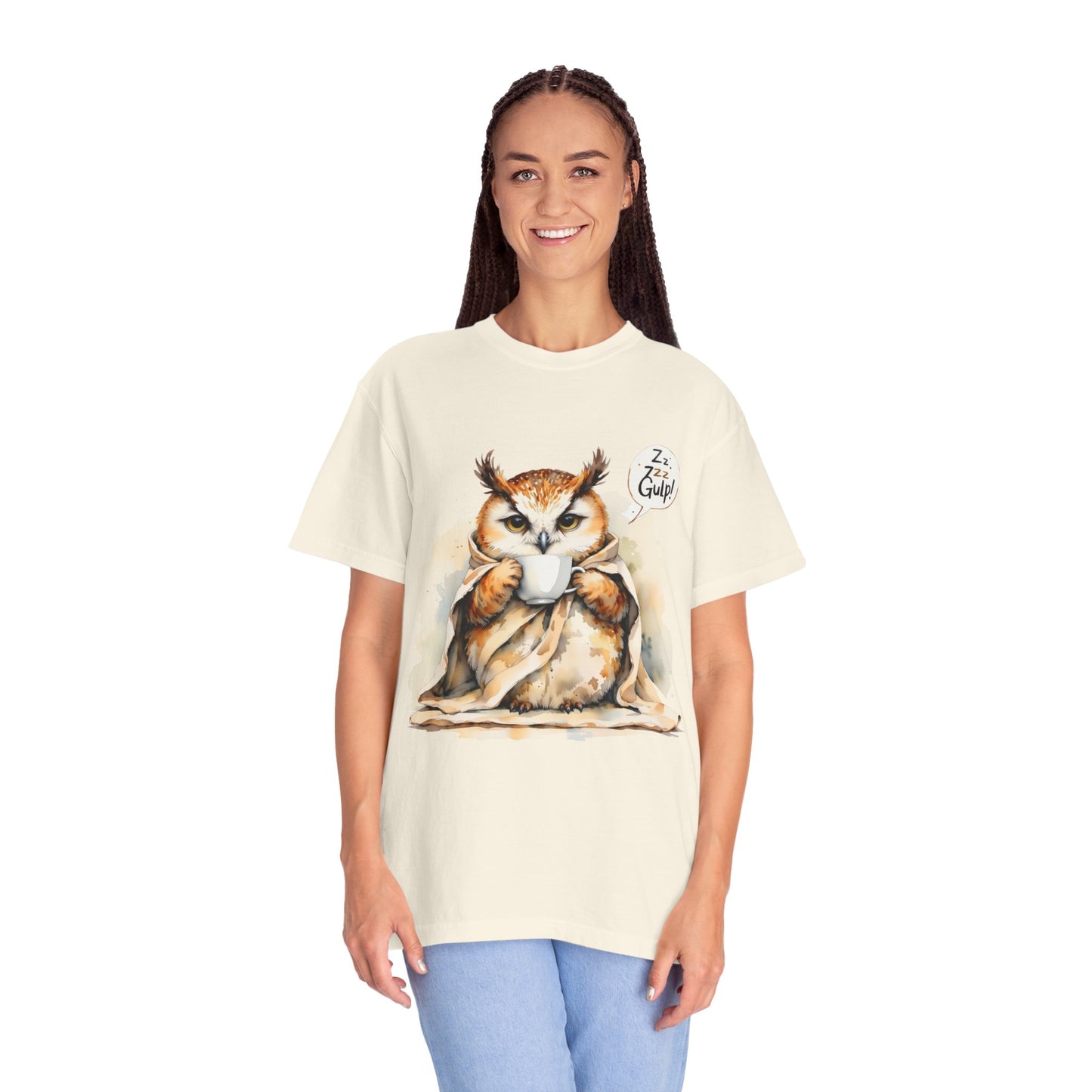 Cozy Owl Drinking Coffee T-Shirt – 'Zzz... Gulp!' Cute Morning Graphic Tee