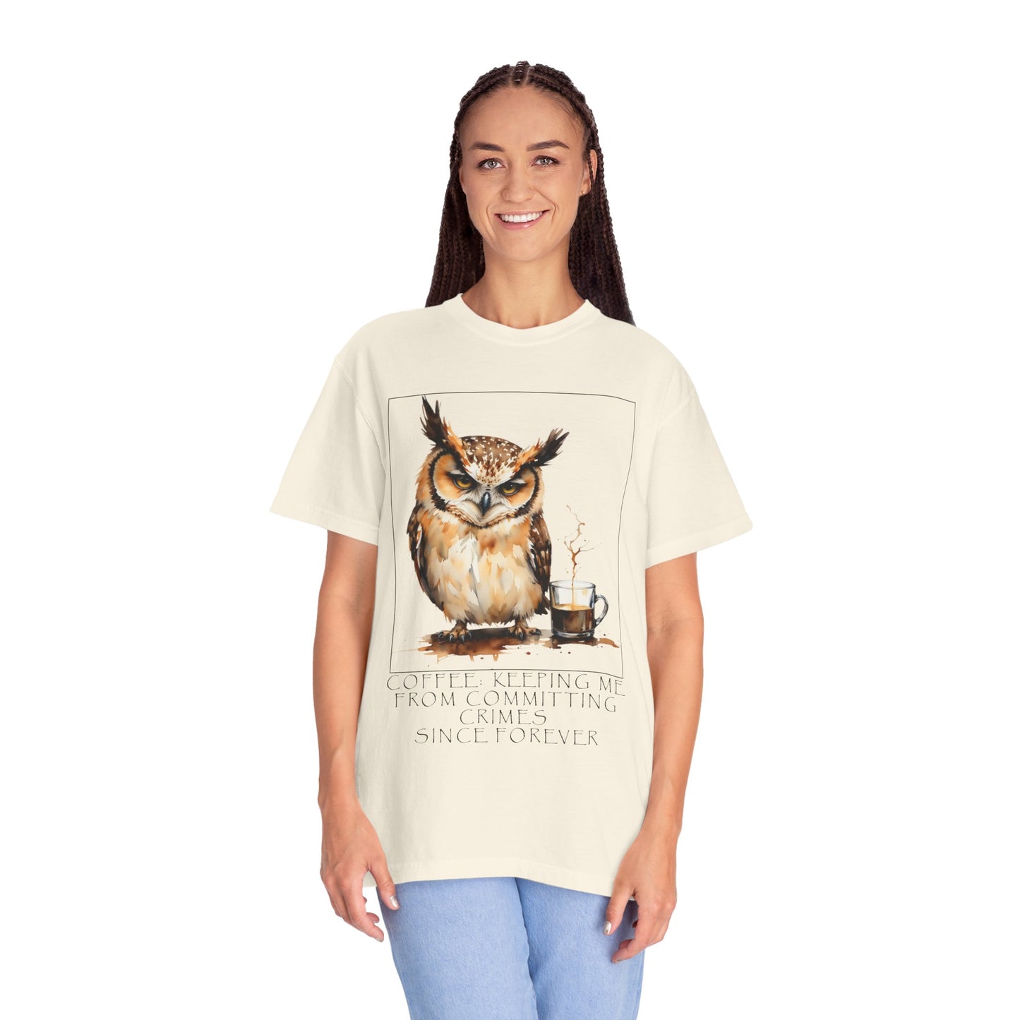 Owl Coffee Illustration T‑Shirt — 'Coffee First, Commit Later' Graphic Tee