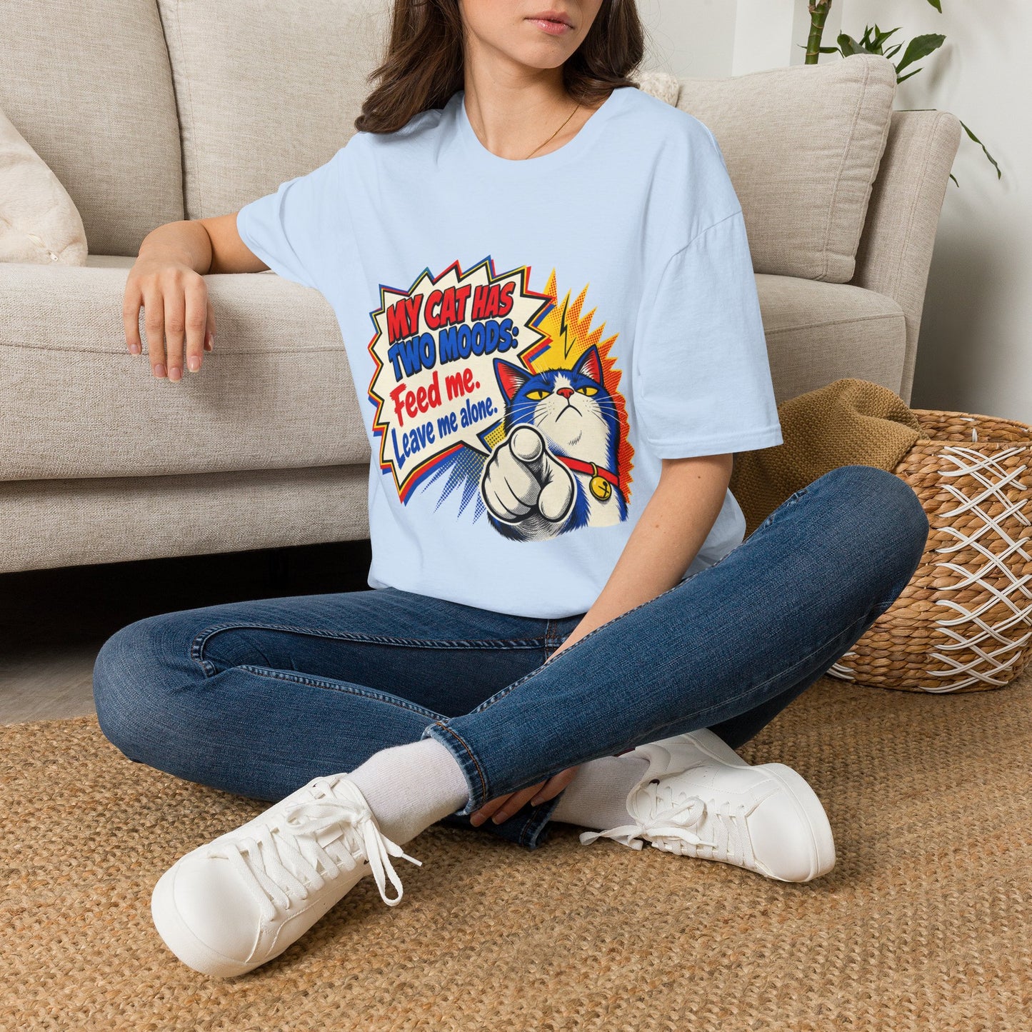 Cat T-Shirt — "My Cat Has Two Moods: Feed Me, Leave Me Alone" Funny Retro Comic Tee