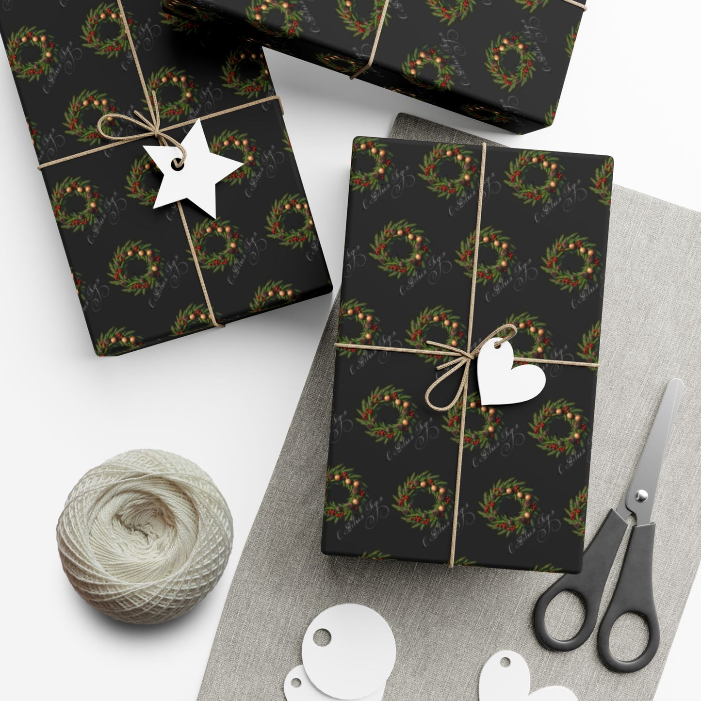 Wreath Pattern Gift Wrap Paper – Black & Gold Holiday Wrapping Sheets