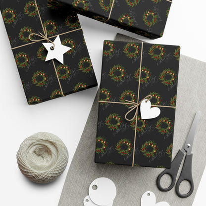 Wreath Pattern Gift Wrap Paper – Black & Gold Holiday Wrapping Sheets