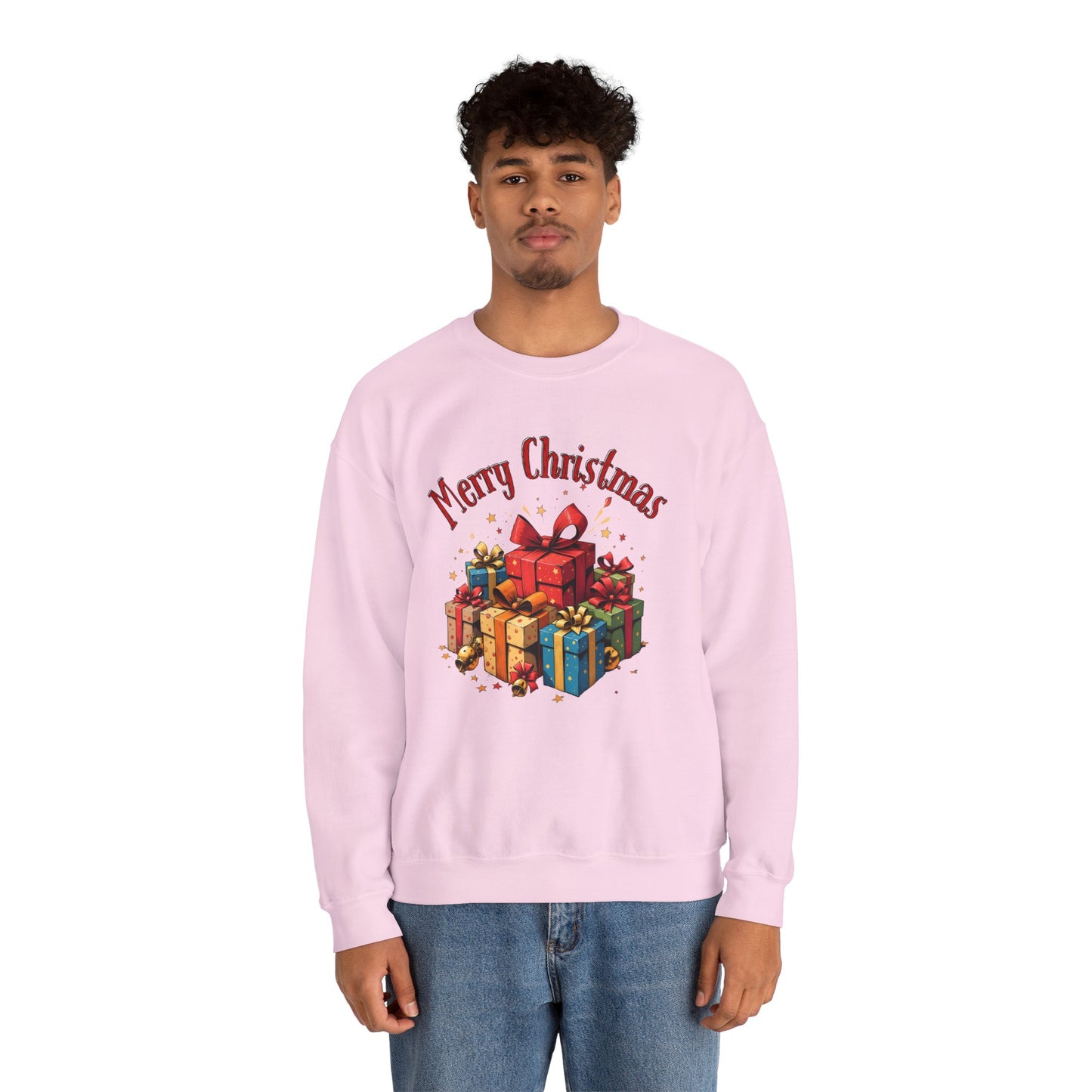 Christmas Crewneck Sweatshirt — "Merry Christmas" with Festive Gift Pile