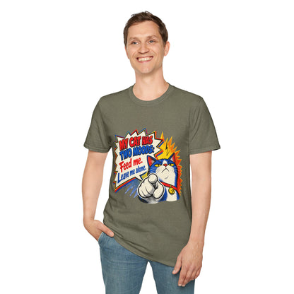 Cat T-Shirt — "My Cat Has Two Moods: Feed Me, Leave Me Alone" Funny Retro Comic Tee