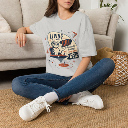 Cat T-Shirt — "Living with a Cat is Basically Having a Furry CEO" Retro Graphic