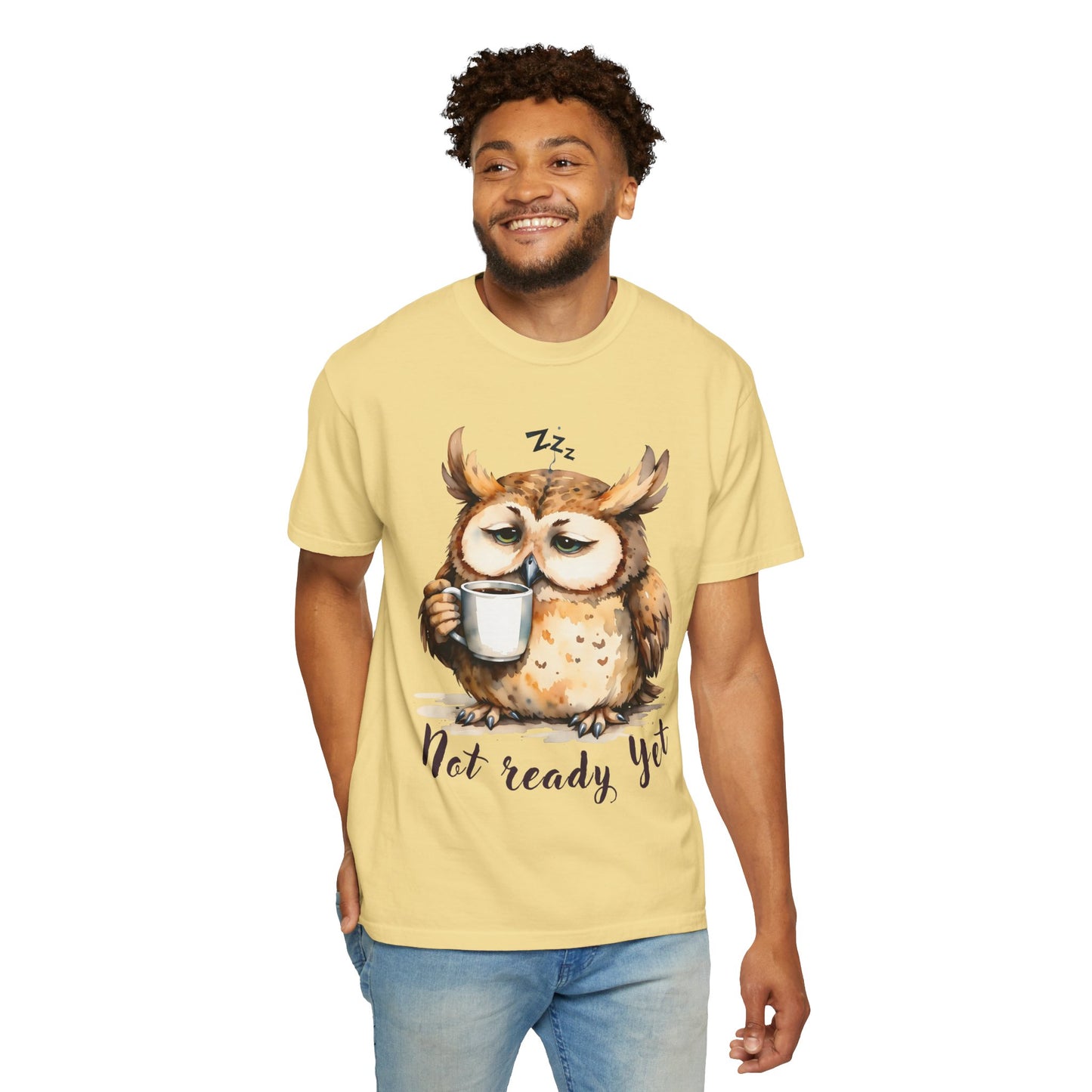 Not Ready Yet Owl T-Shirt — Cute Sleepy Owl Coffee Tee