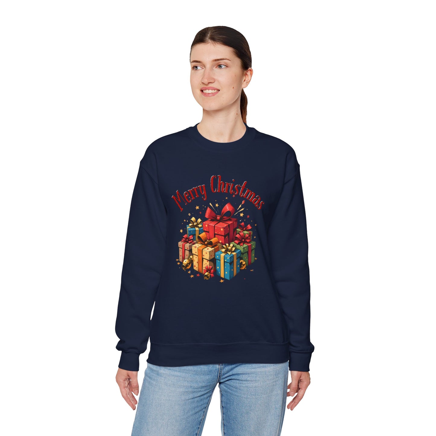 Christmas Crewneck Sweatshirt — "Merry Christmas" with Festive Gift Pile