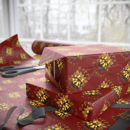 Wrapping Paper Roll — Red & Gold Leaf Pattern Holiday Gift Wrap
