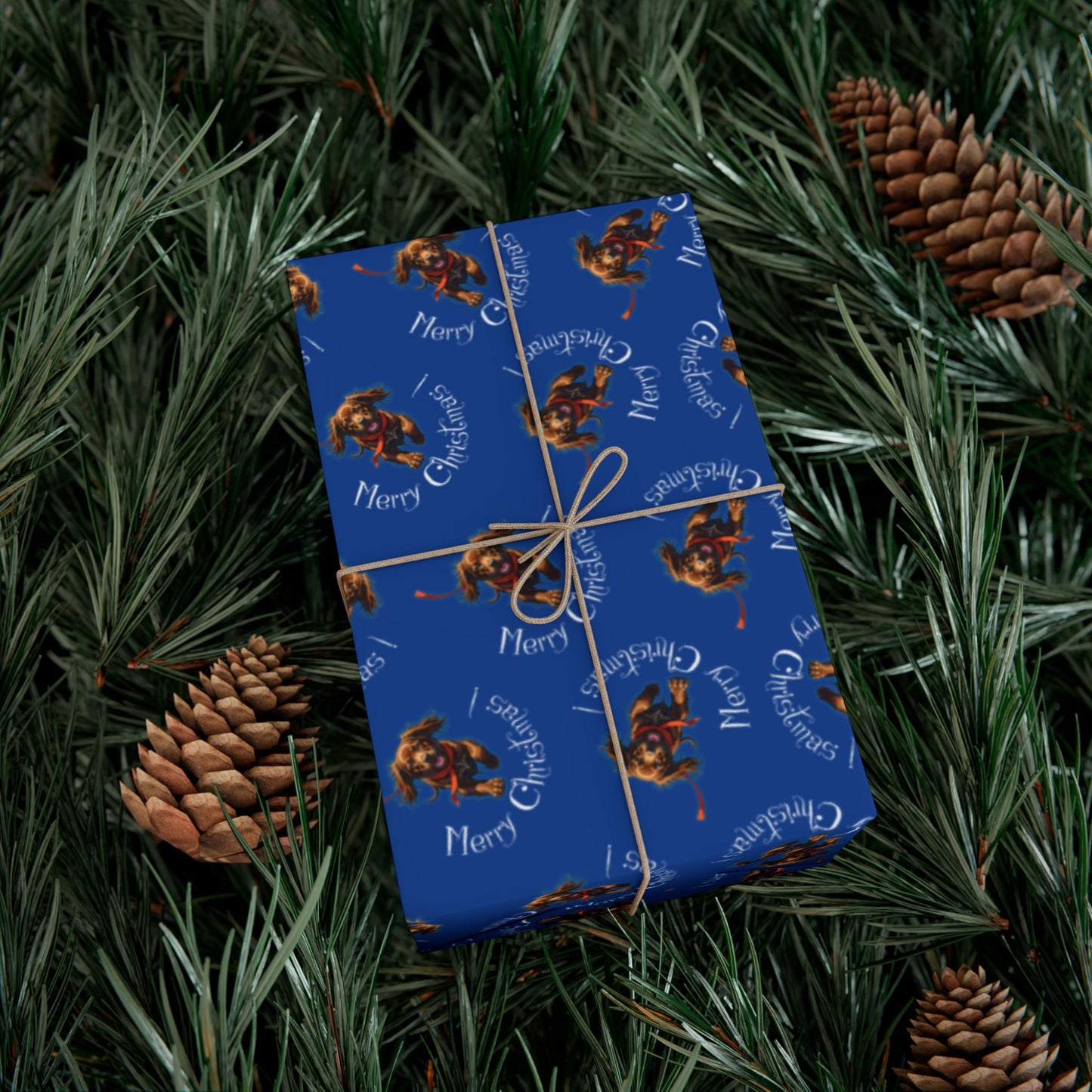 Blue Holiday Wrapping Paper with Reindeer & "Merry Christmas" Pattern