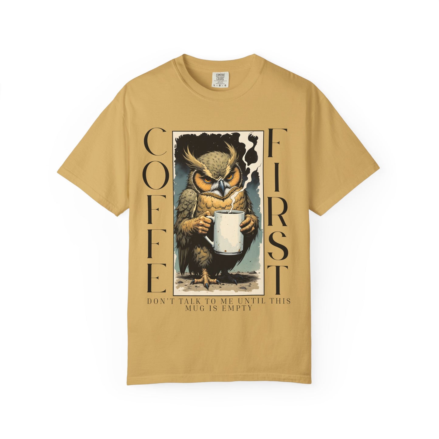 Coffee First Owl T-Shirt — Vintage Owl Holding  Graphic Tee