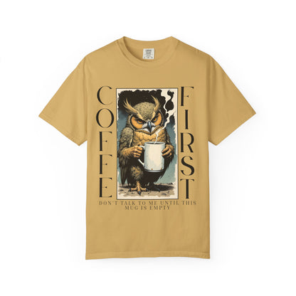 Coffee First Owl T-Shirt — Vintage Owl Holding  Graphic Tee