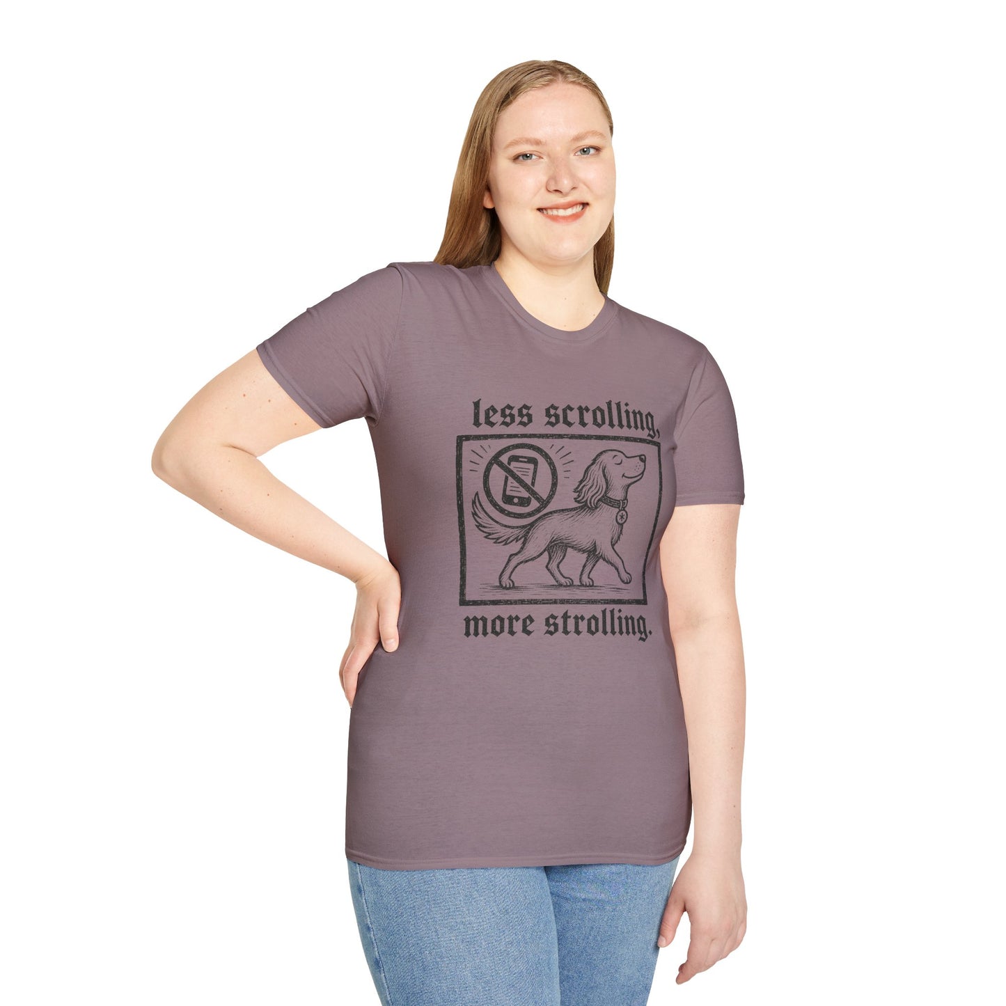 T-Shirt — "Less Scrolling, More Strolling" Dog Graphic Tee