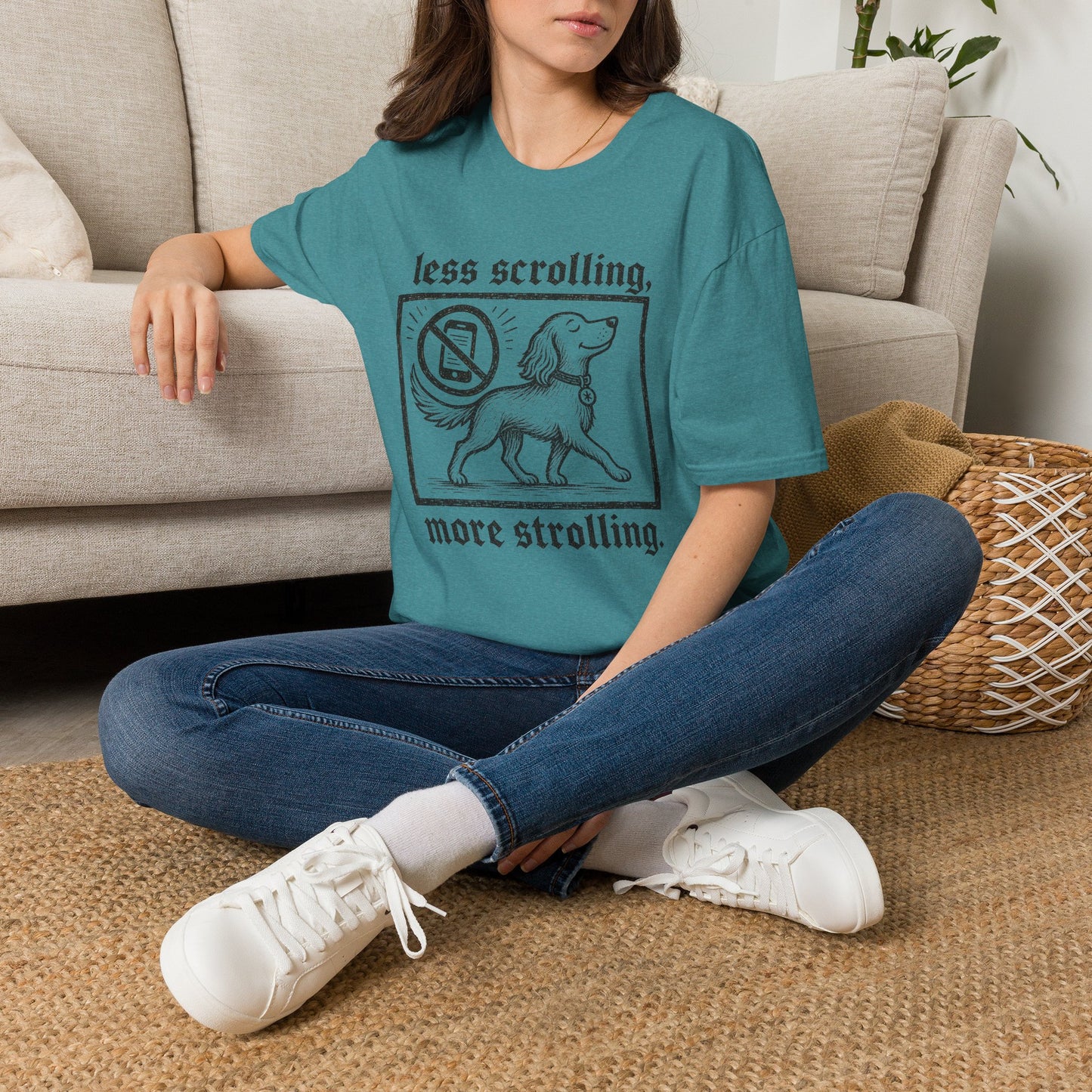 T-Shirt — "Less Scrolling, More Strolling" Dog Graphic Tee
