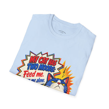 Cat T-Shirt — "My Cat Has Two Moods: Feed Me, Leave Me Alone" Funny Retro Comic Tee