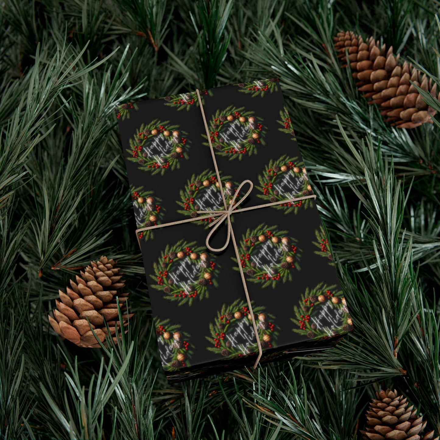 Christmas Wreath Gift Wrap Paper — Dark Holiday Wrapping Paper (Pack)
