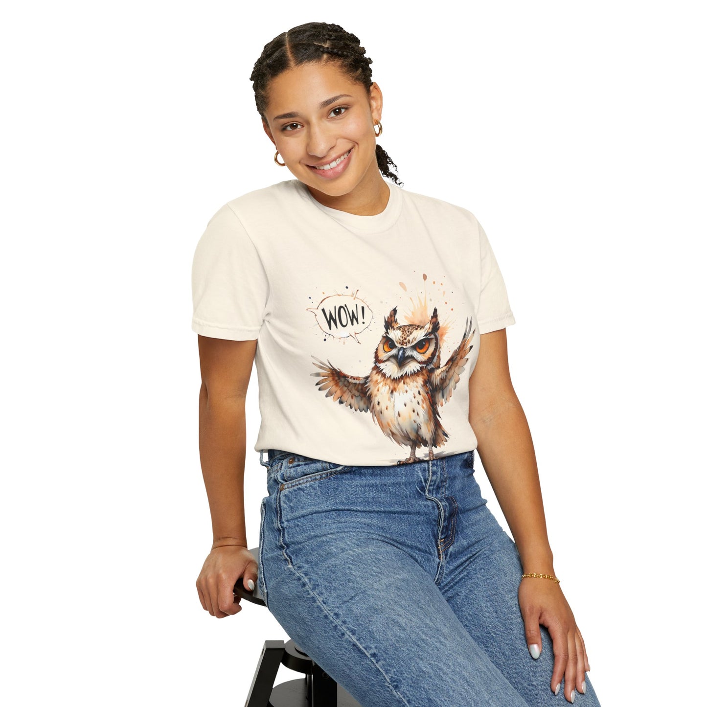 Owl Watercolor T-Shirt — Cute 'Wow!' Cartoon Owl Graphic Tee