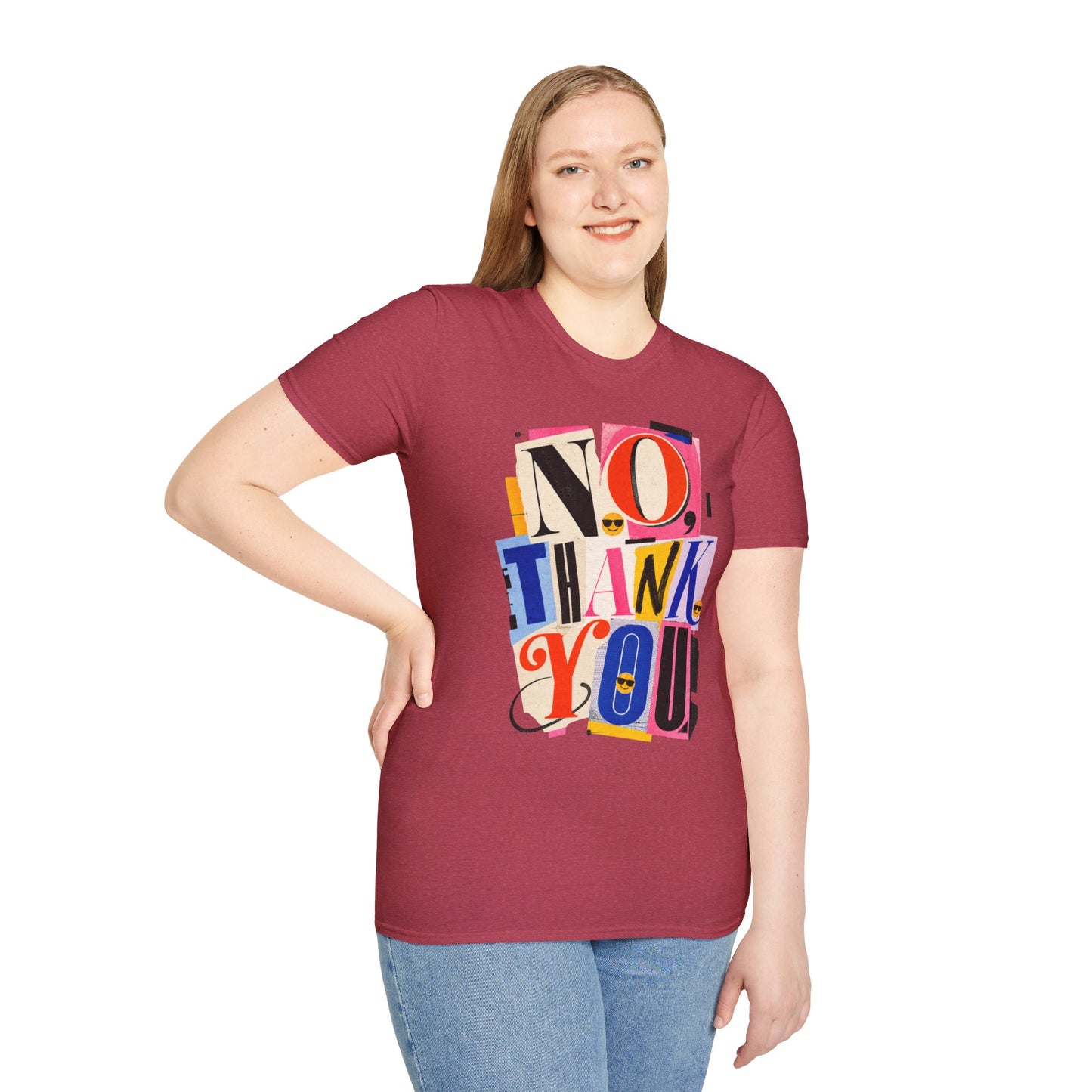 No, Thank You Graphic Tee — Colorful Bold Lettering T‑Shirt