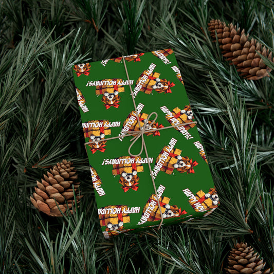 Holiday Gift Wrap Paper — Green 'Happy Holidays!' Reindeer Pattern