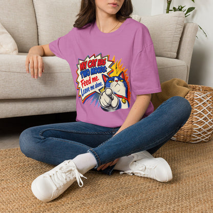 Cat T-Shirt — "My Cat Has Two Moods: Feed Me, Leave Me Alone" Funny Retro Comic Tee