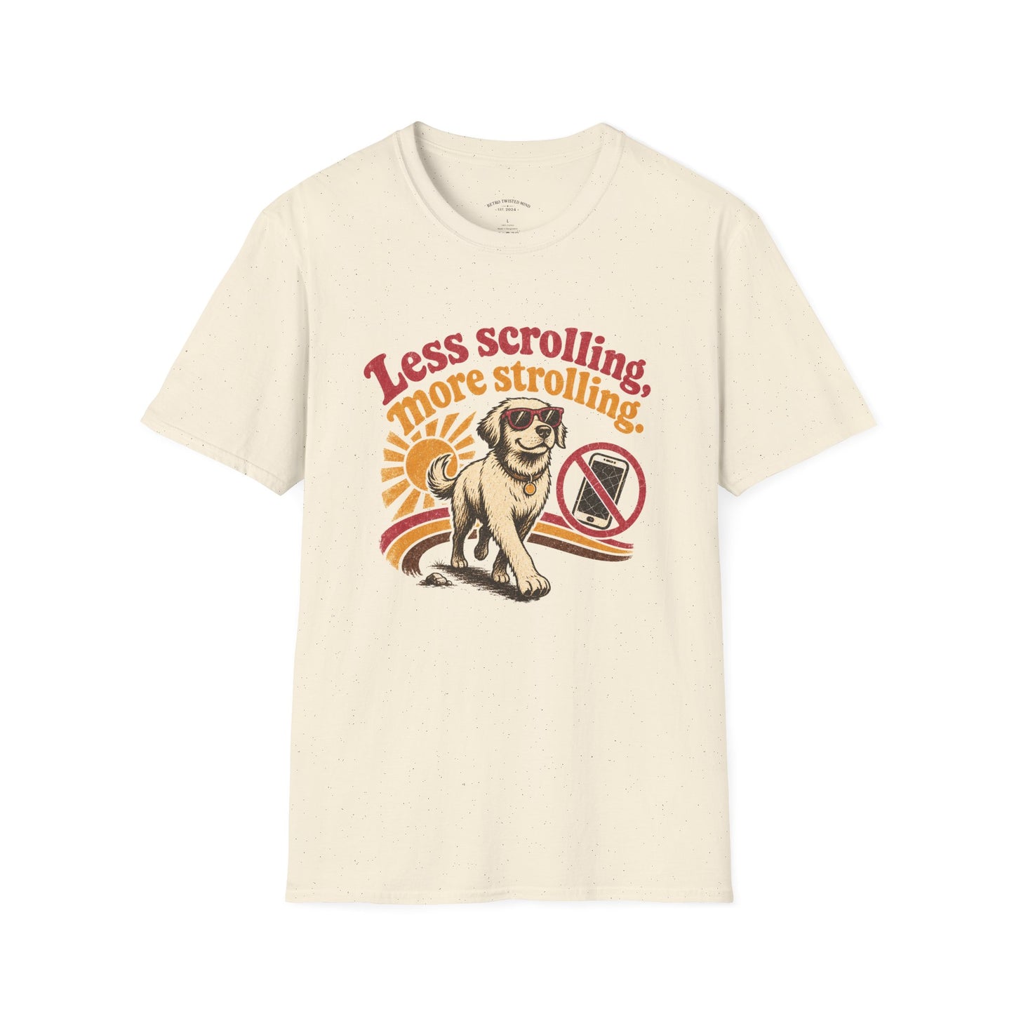Less Scrolling More Strolling T-Shirt — Retro Dog Walk Graphic Tee