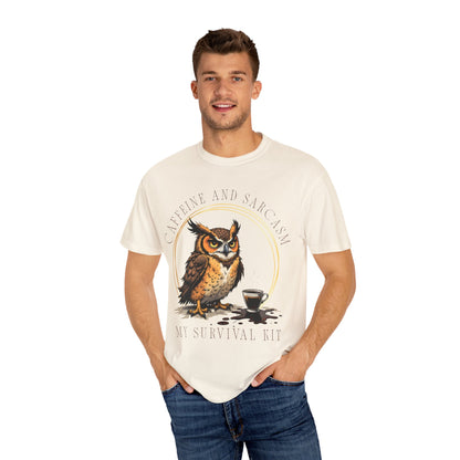 Coffee & Sarcasm Owl T-Shirt — "My Survival Kit" Graphic Tee