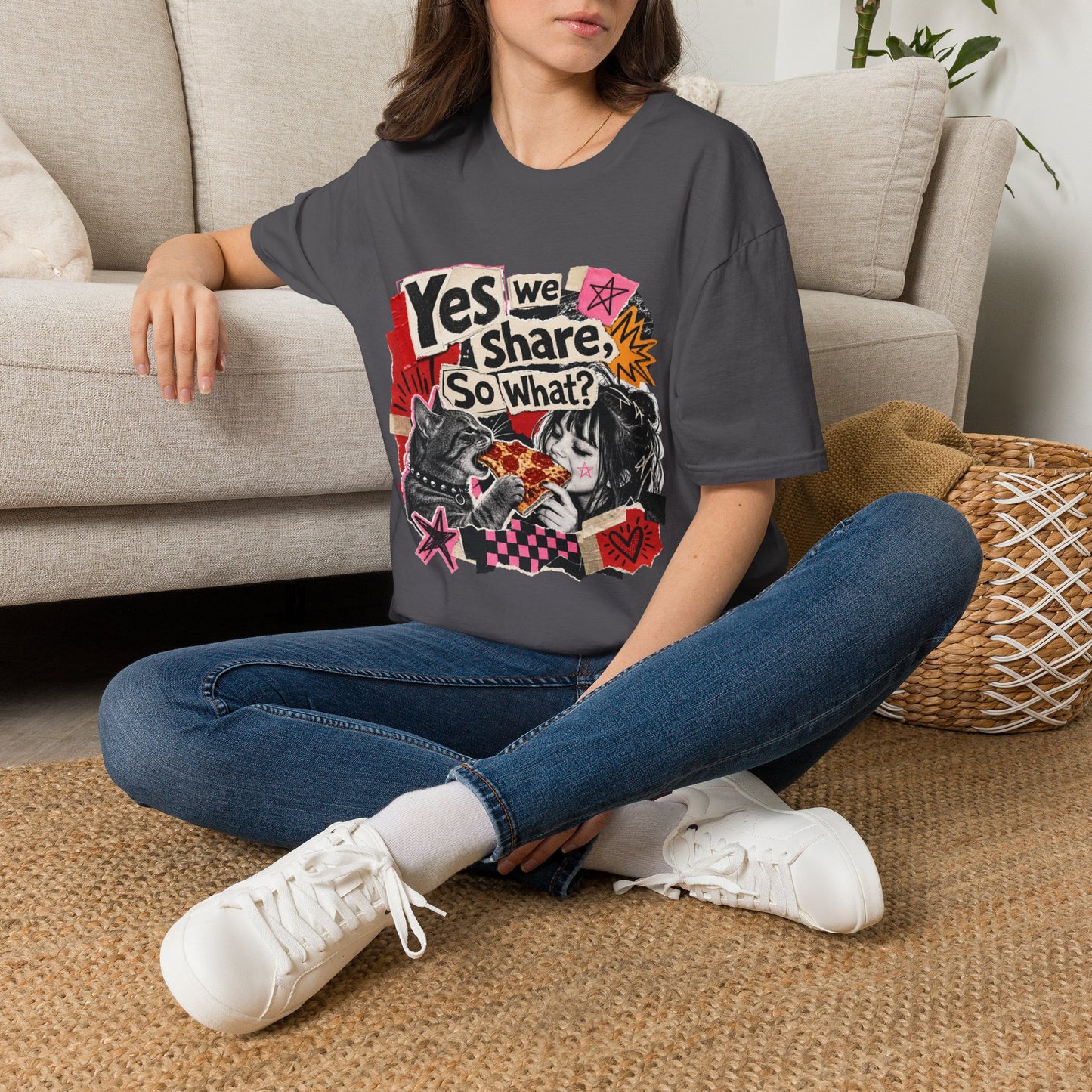 T-Shirt — "Yes We Share, So What?" Retro Collage Graphic Tee