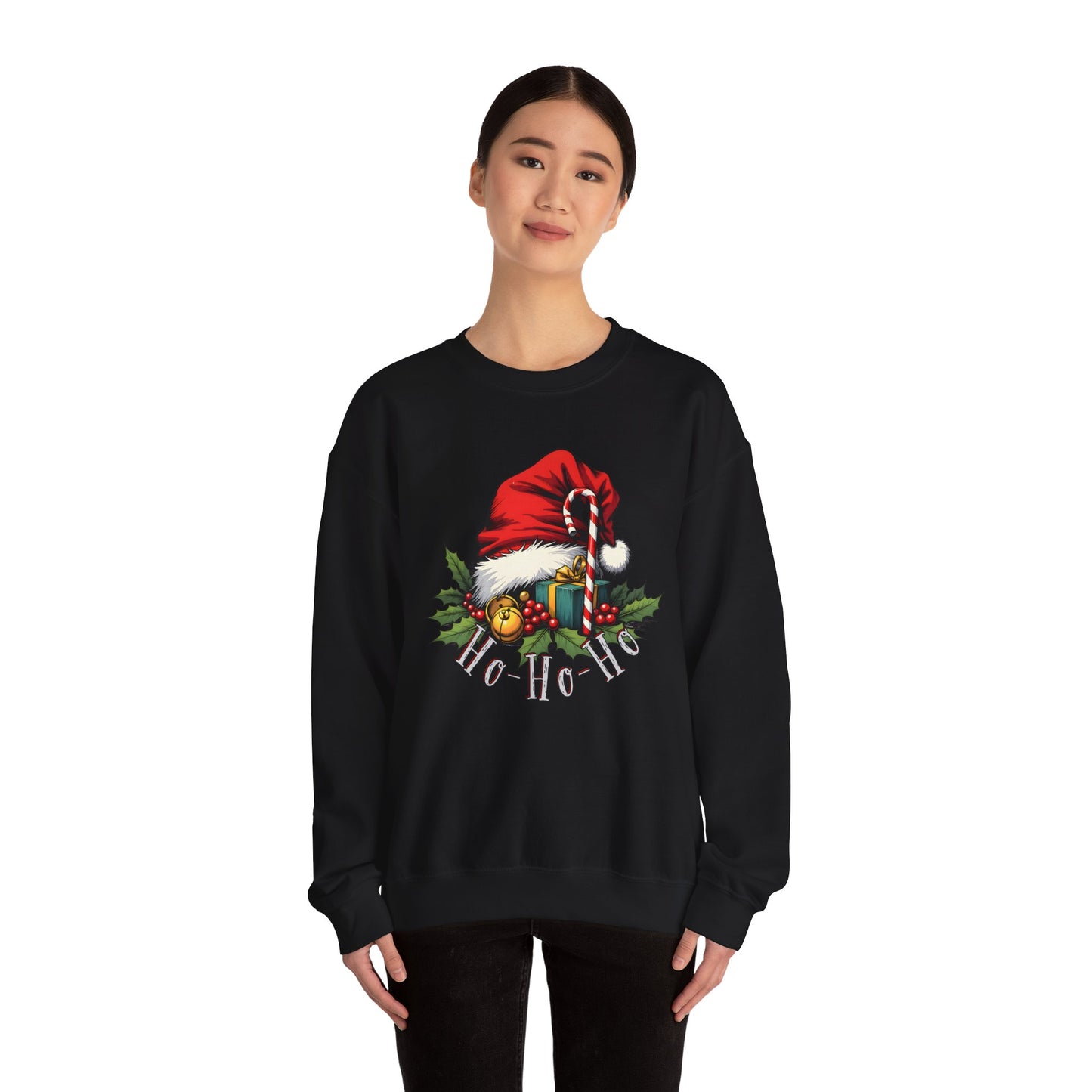 Christmas Sweatshirt - 'Ho-Ho-Ho' Santa Hat & Holly Holiday Crewneck