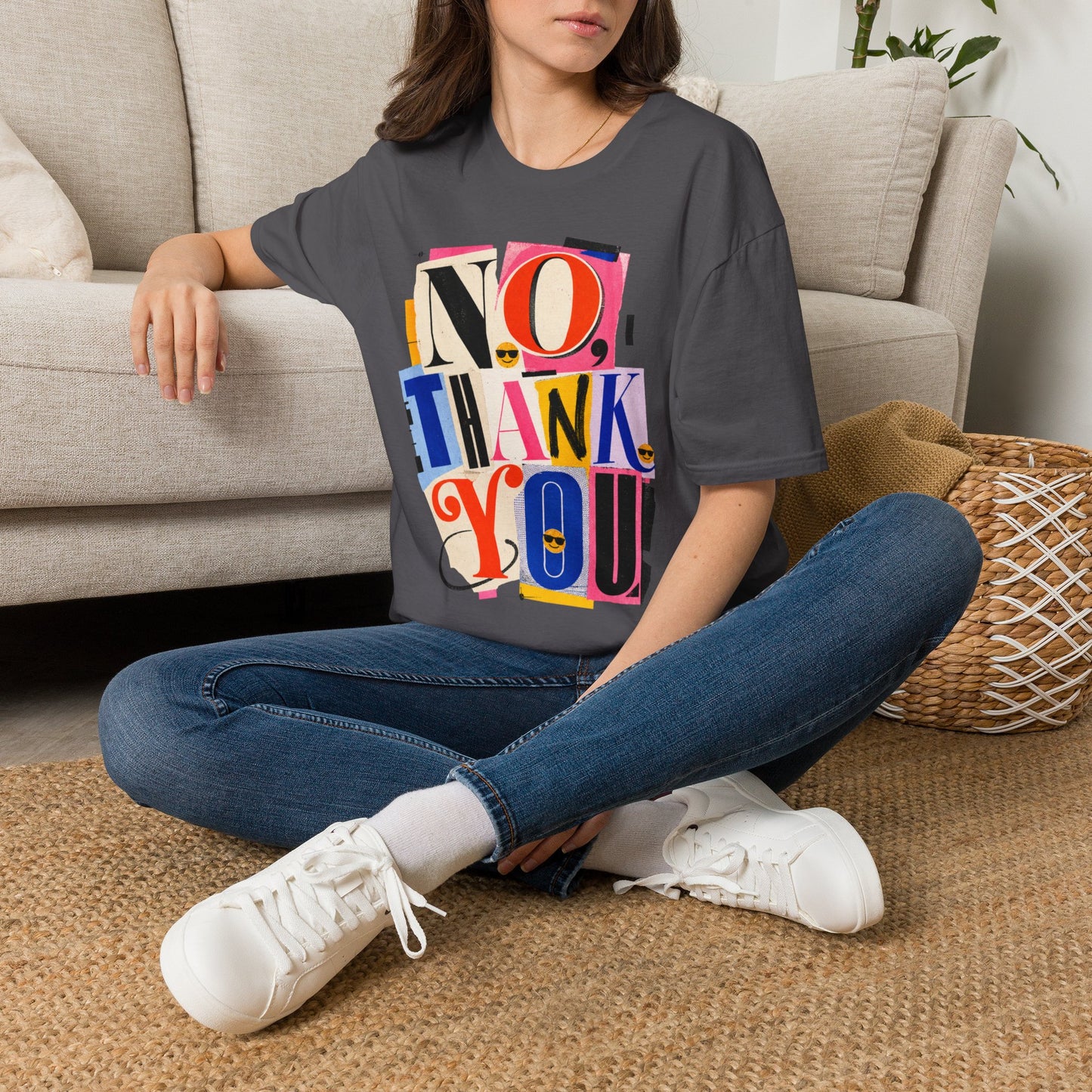 No, Thank You Graphic Tee — Colorful Bold Lettering T‑Shirt