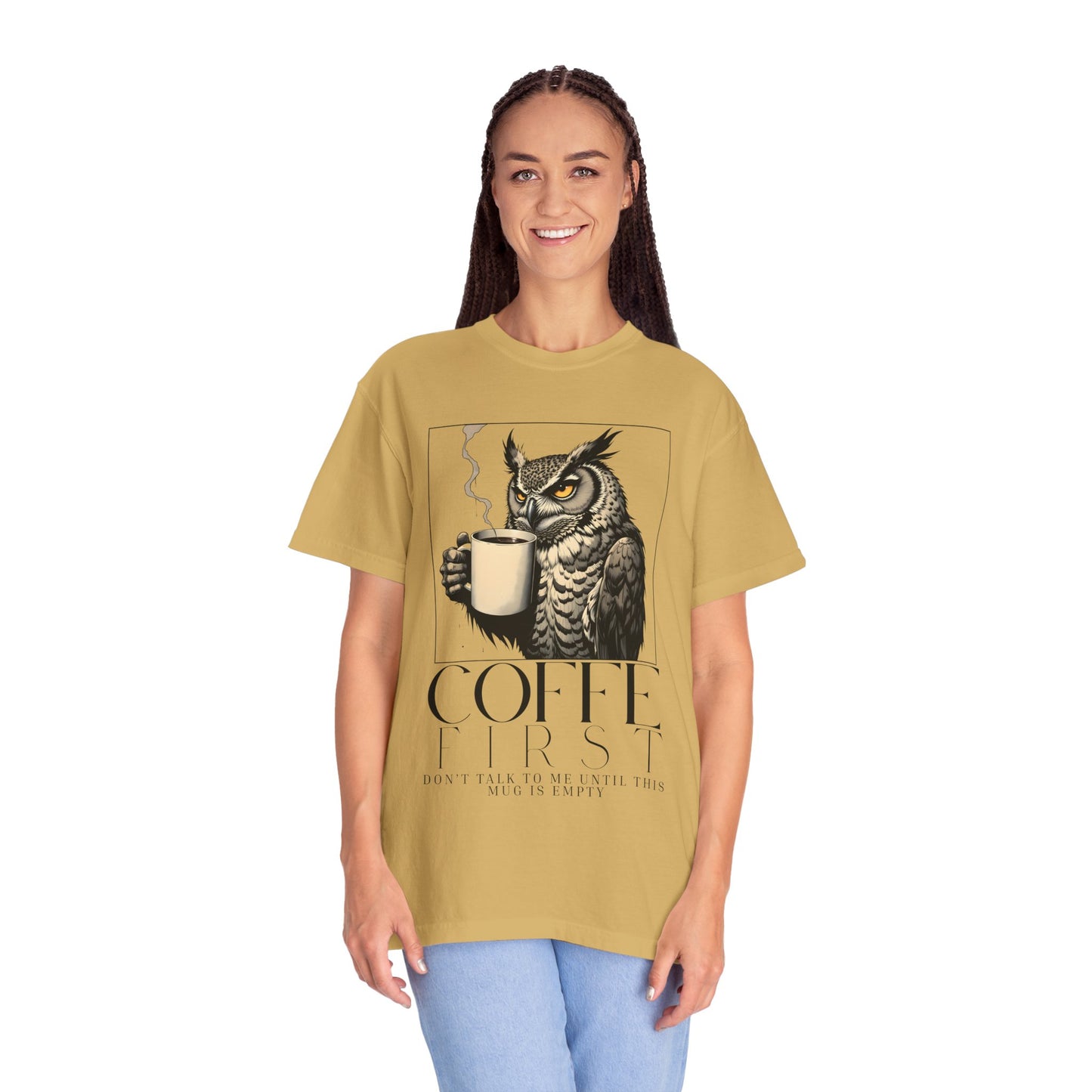 Coffee First Owl T-Shirt — Coffee Lover Graphic Tee