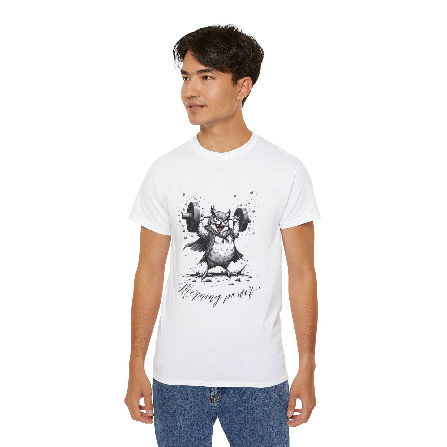 Weightlifting Owl Graphic Tee — "Morning Power" Fitness T-Shirt