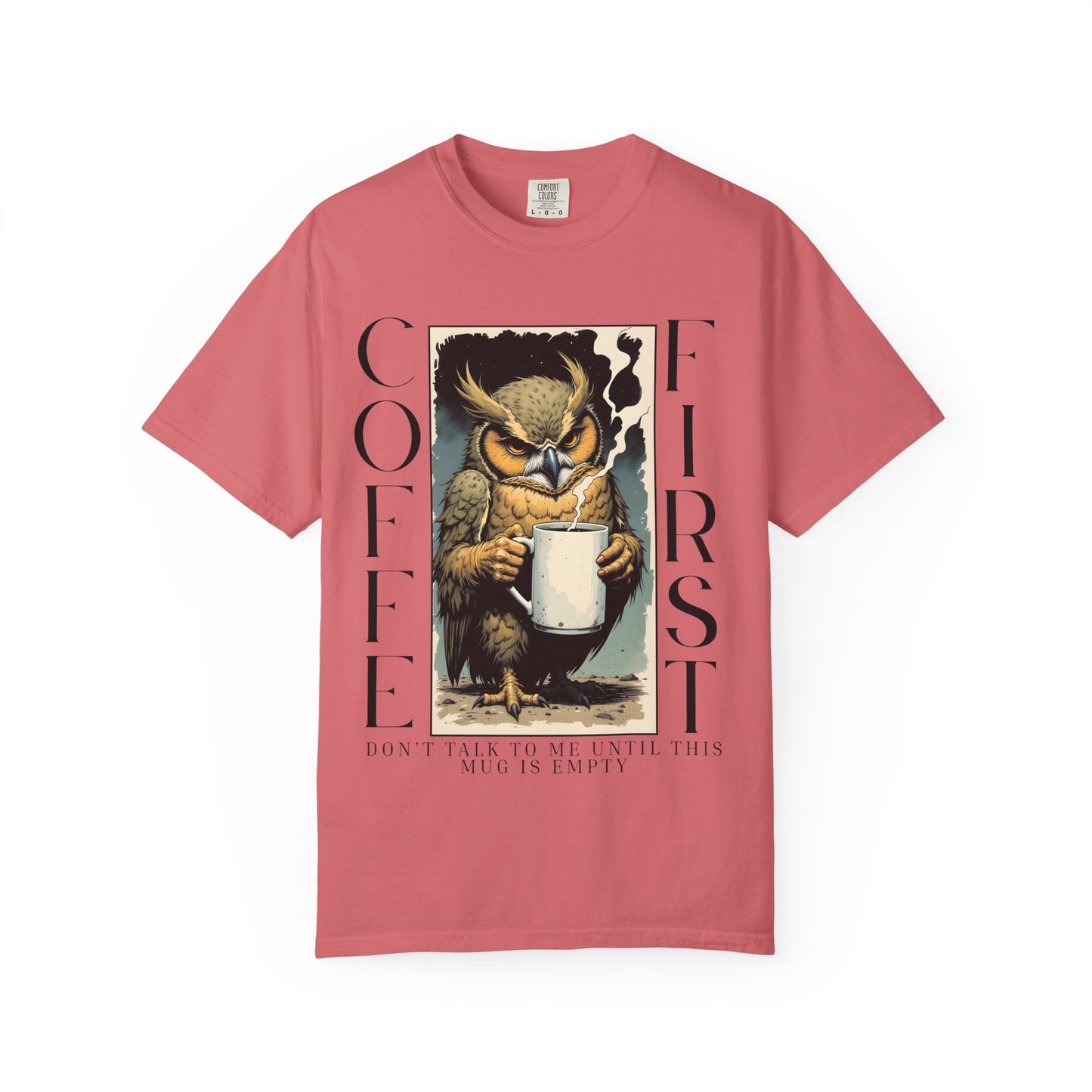 Coffee First Owl T-Shirt — Vintage Owl Holding  Graphic Tee