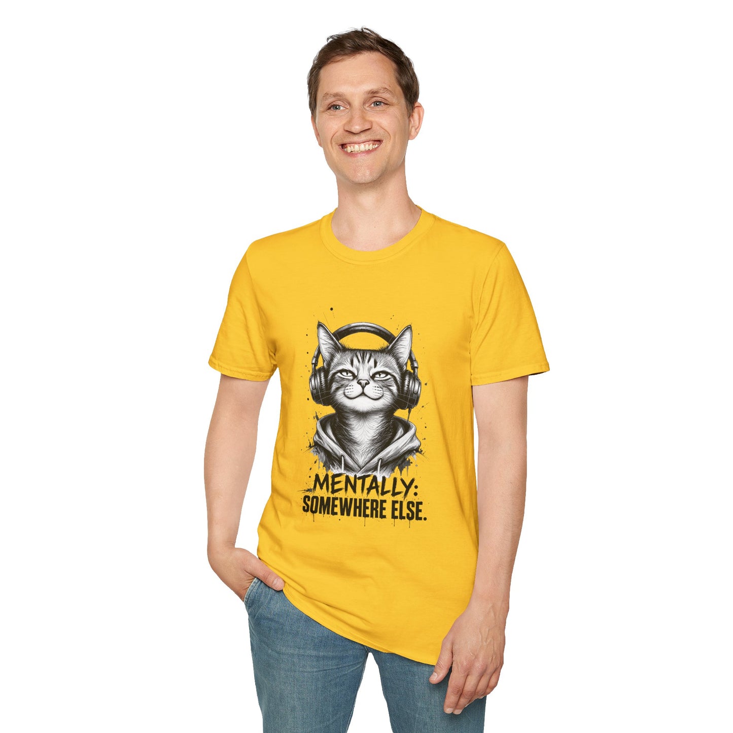 T-Shirt — Cat with Headphones "Mentally: Somewhere Else" – Cute Relaxed Graphic Tee for Cat Lovers