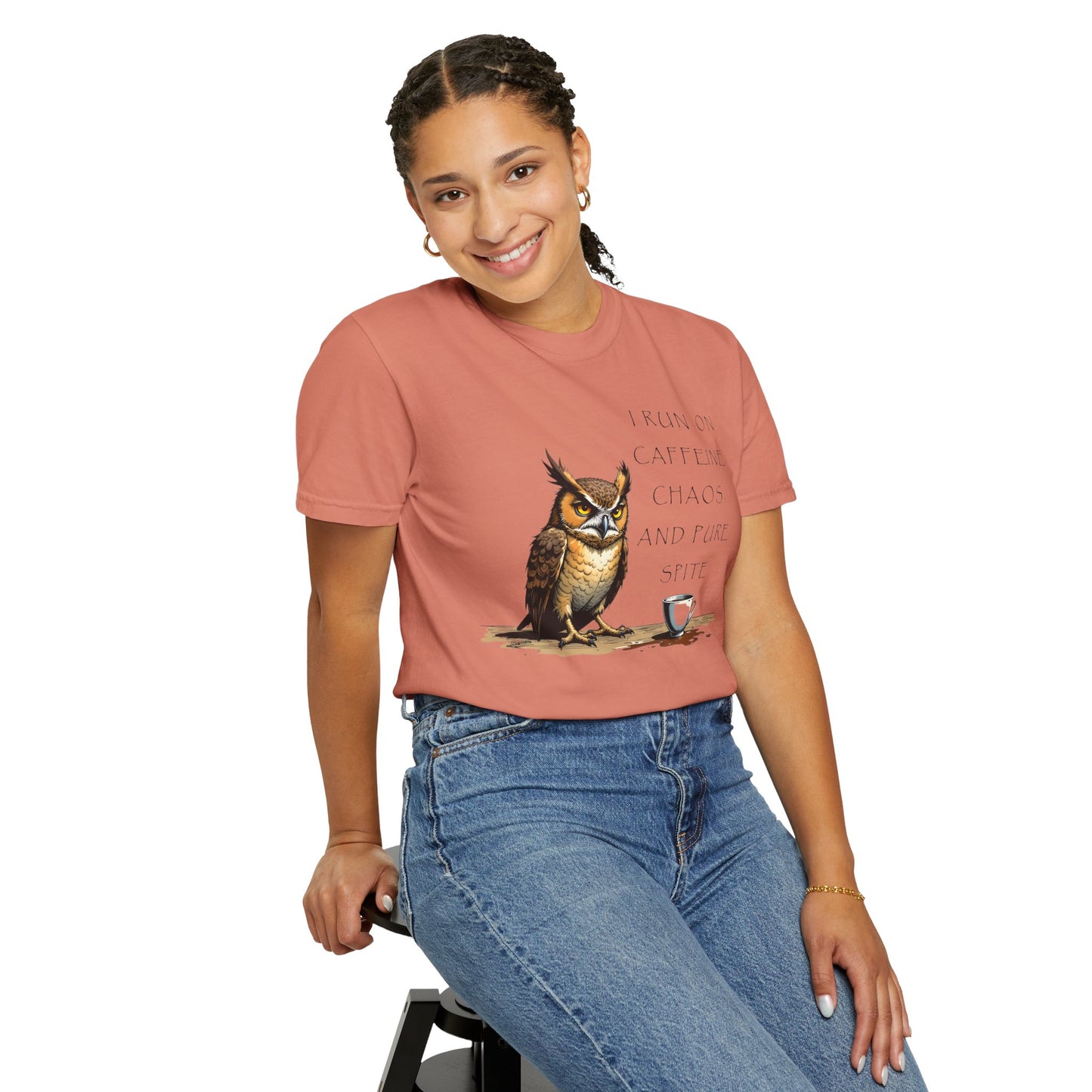 Owl & Coffee T‑Shirt — "I Run On Caffeine, Chaos, And Pure Spite" Graphic Tee