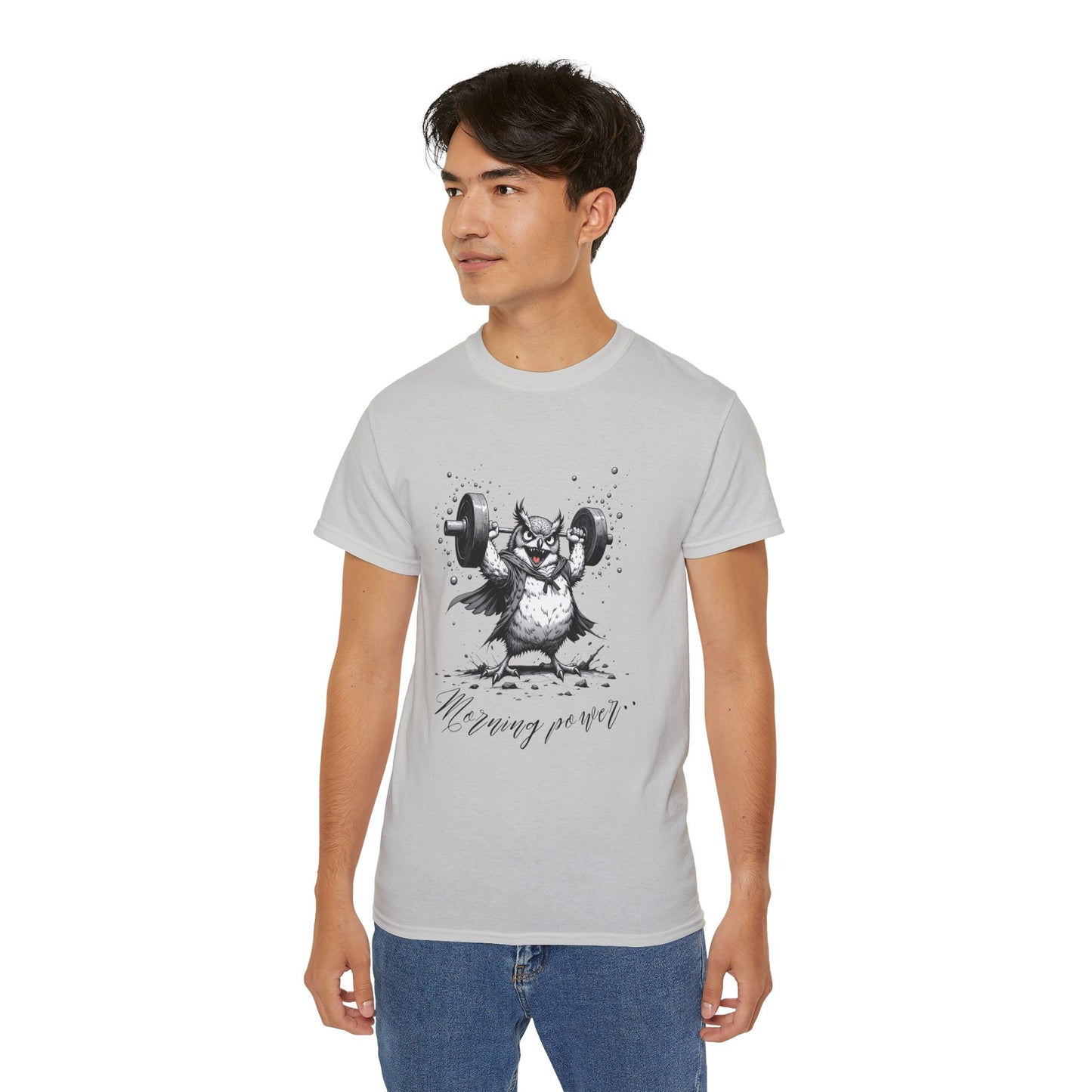 Weightlifting Owl Graphic Tee — "Morning Power" Fitness T-Shirt