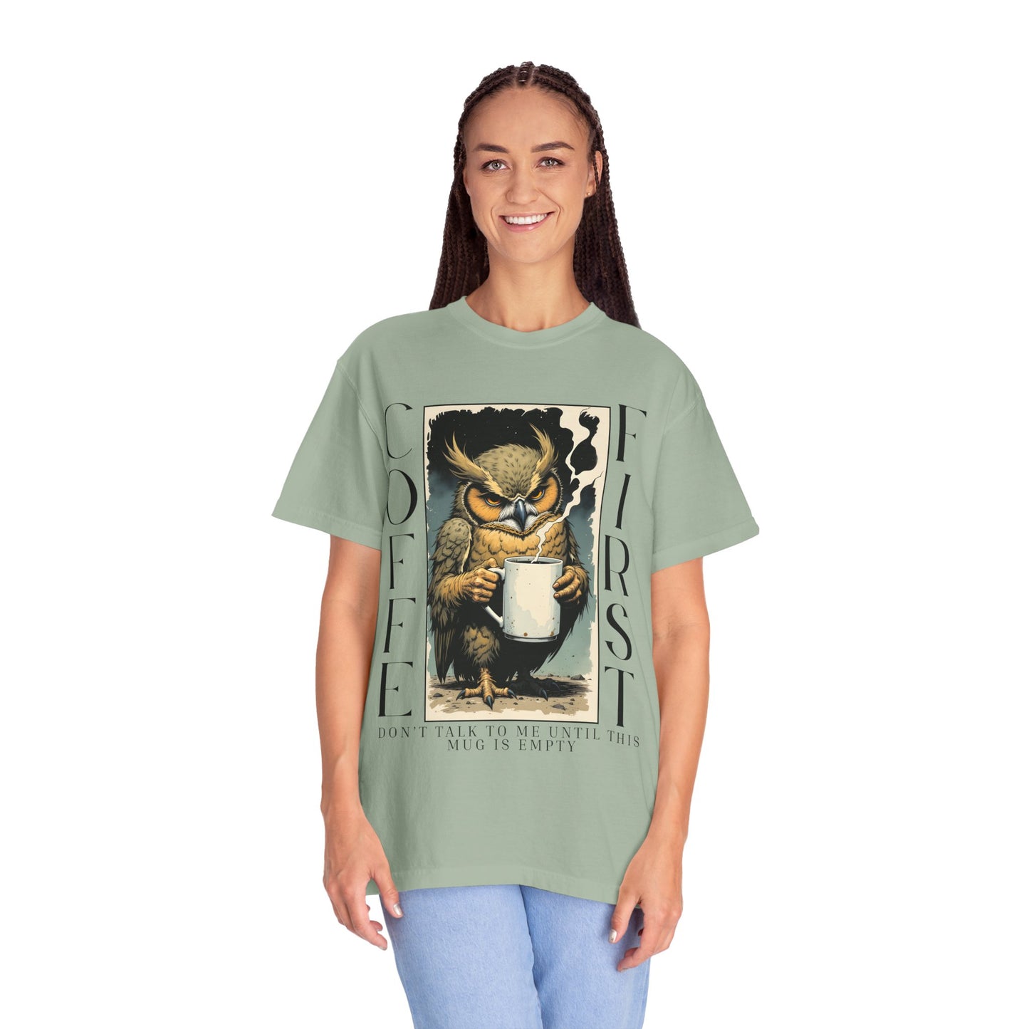 Coffee First Owl T-Shirt — Vintage Owl Holding  Graphic Tee