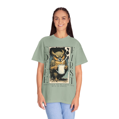 Coffee First Owl T-Shirt — Vintage Owl Holding  Graphic Tee