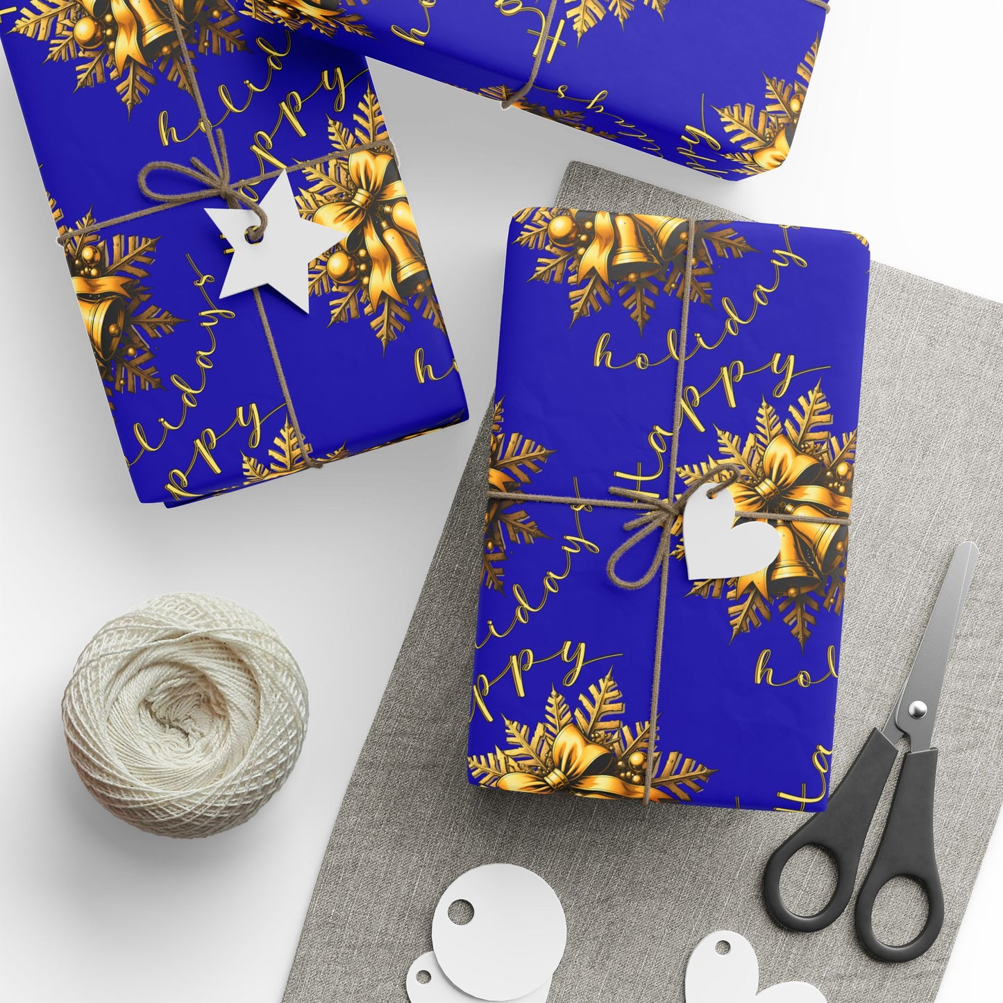 Royal Blue & Gold Holiday Wrapping Paper Roll — Elegant Floral Wreath Pattern