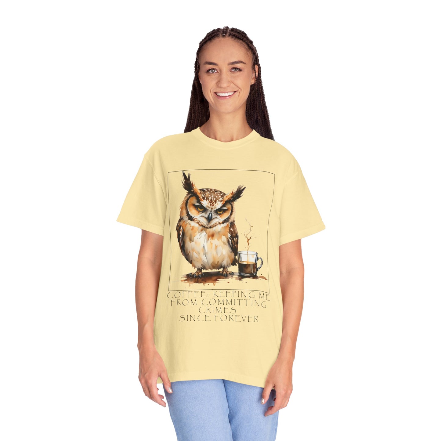 Owl Coffee Illustration T‑Shirt — 'Coffee First, Commit Later' Graphic Tee