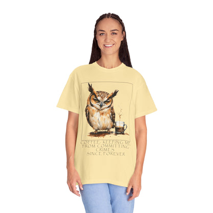 Owl Coffee Illustration T‑Shirt — 'Coffee First, Commit Later' Graphic Tee